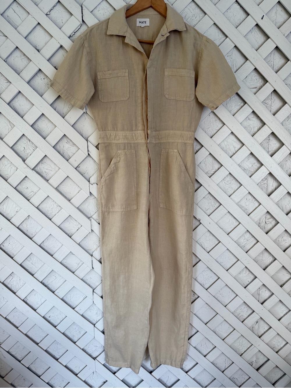 MATE the Label Natural Linen Utility Short Sleeve Jumpsuit XS